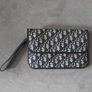 AUTHENTIC CHRISTIAN DIOR Oblique Flap Pouch Clutch Navy Blue